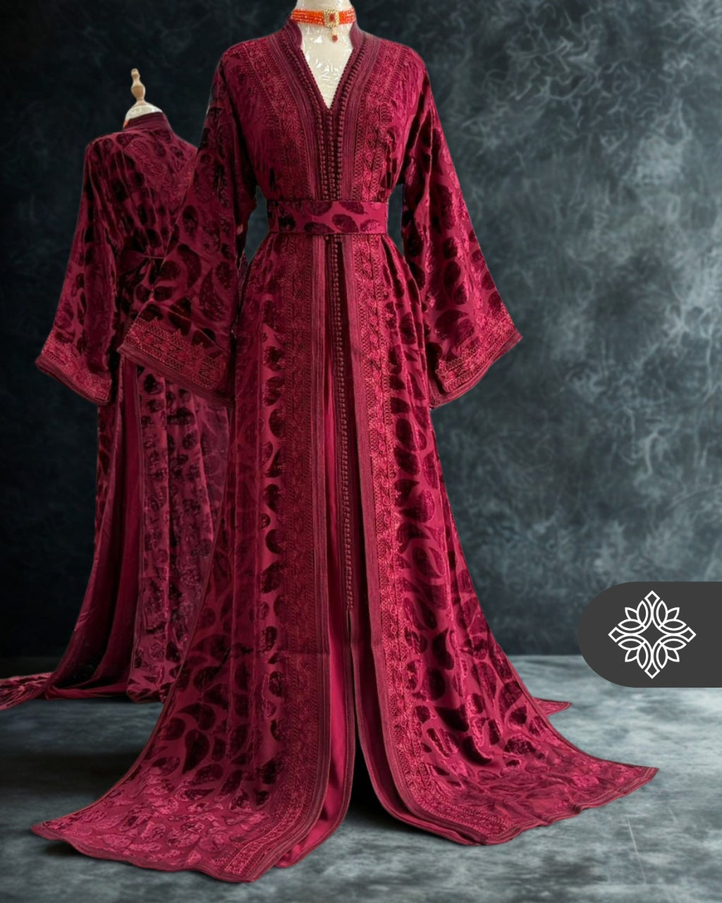 Burgundy Moroccan Takchita | Luxury Two-Piece Kaftan | Tonal Embroidery Iced Velvet