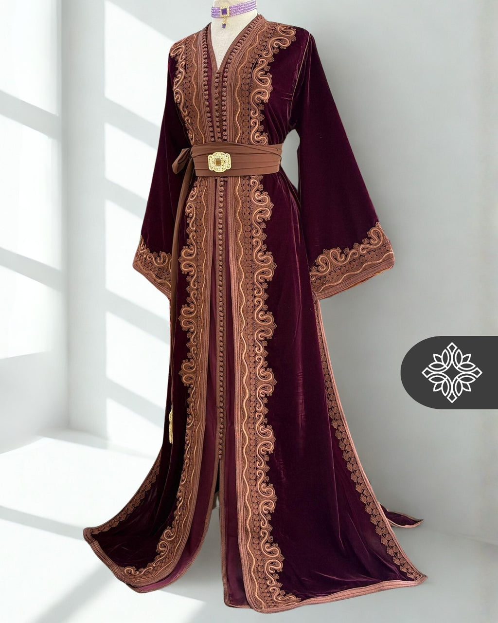 Kaftan marocain deux pièces vert royal | Broderie ton sur ton marron | Élégante Takchita