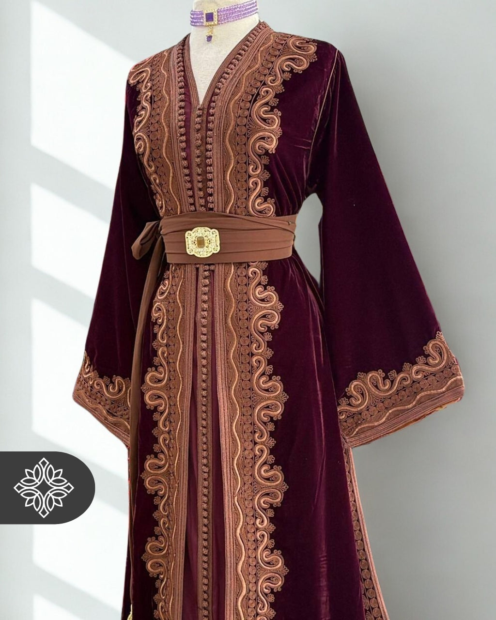 Fuchsia Pink Moroccan Two-Piece Kaftan | Brown Tonal Embroidery | Elegant Takchita