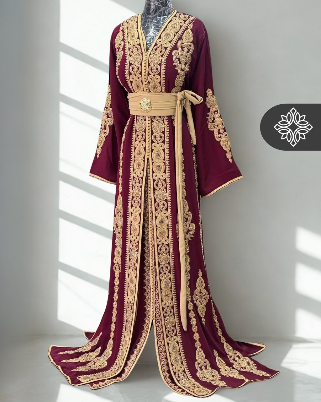 Burgundy Moroccan Two-Piece Kaftan | Tonal Embroidery | Royal Takchita