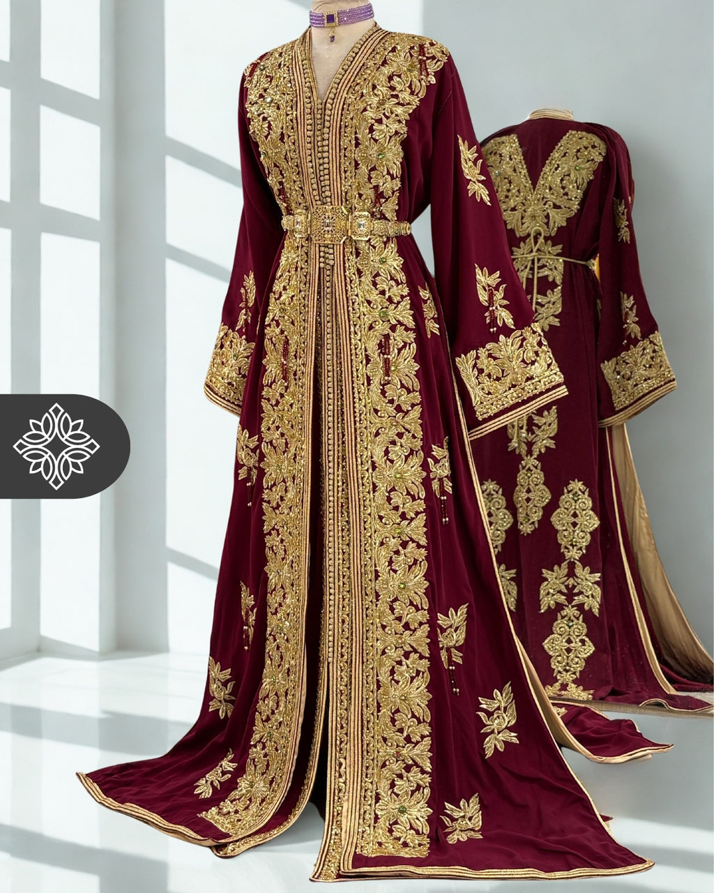 Caftan marocain deux pièces bordeaux | Broderies et pierres ton sur ton dorées | Takchita de luxe