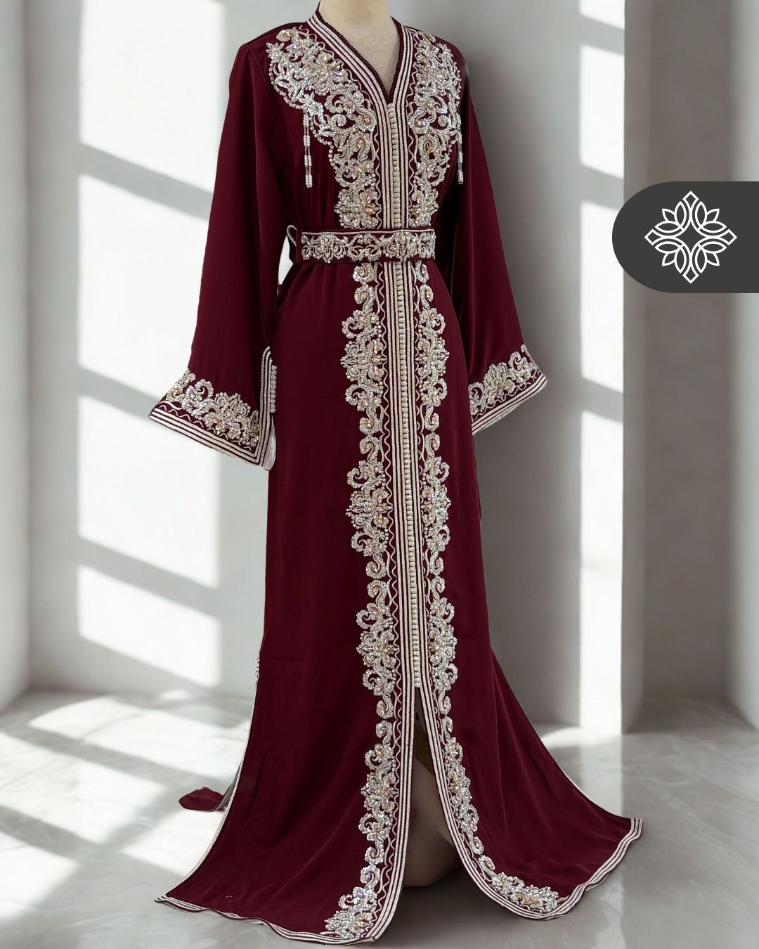 Baby Blue One-Piece Kaftan | Luxury Silver Embroidery & Beads | Moroccan Caftan Dress