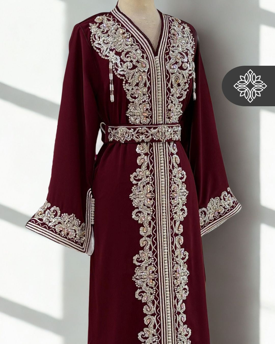 Teal One-Piece Kaftan | Royal Silver Embroidery & Beads | Moroccan Caftan