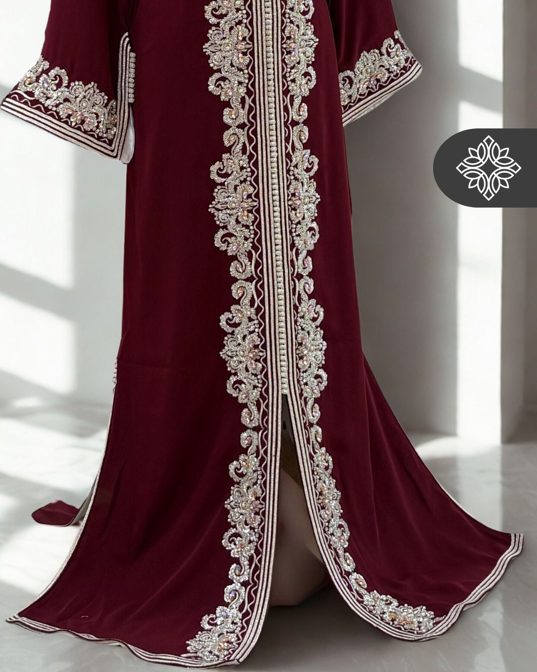 Teal One-Piece Kaftan | Royal Silver Embroidery & Beads | Moroccan Caftan