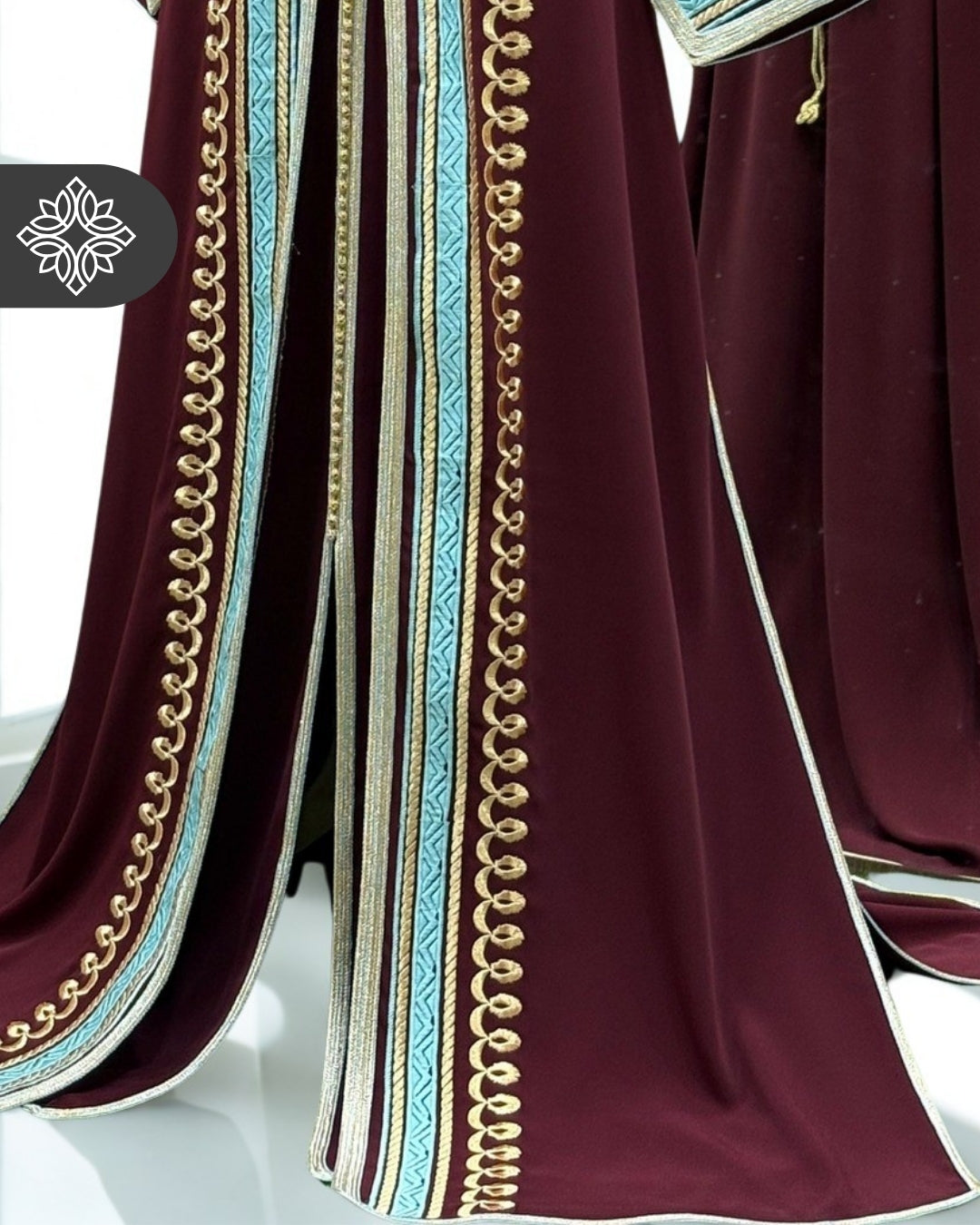 Burgundy Two Piece Moroccan Kaftan, Takshita with Sky Blue Stitching and Gold Embroidery