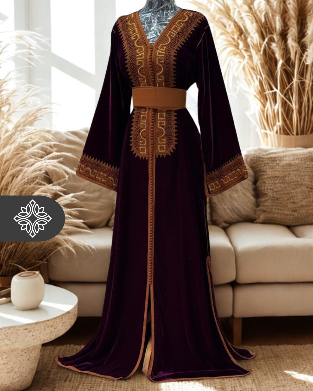 Emerald Green Velvet Moroccan Kaftan | Brown Tonal Embroidery | One-Piece Caftan