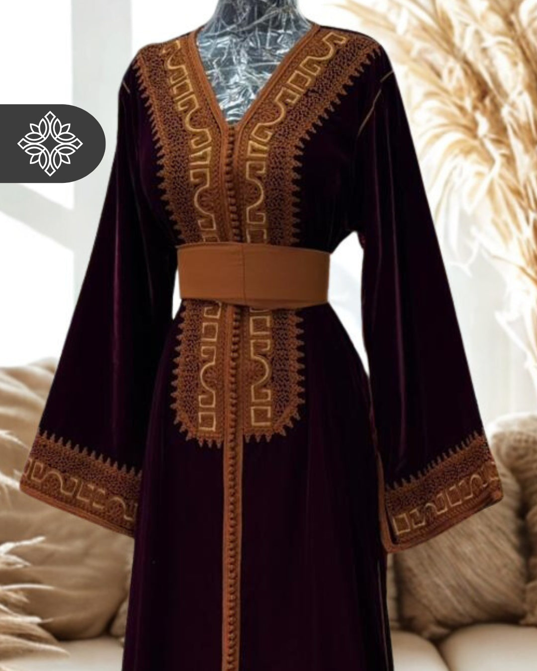 Royal Green Velvet Moroccan Kaftan | Brown & Gold Embroidery | One-Piece Caftan Dress