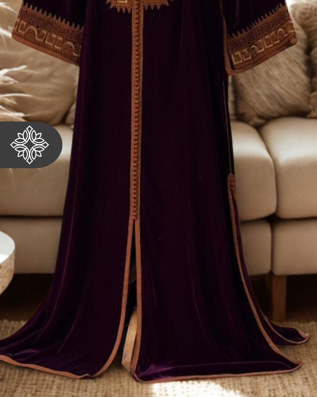 Royal Green Velvet Moroccan Kaftan | Brown & Gold Embroidery | One-Piece Caftan Dress