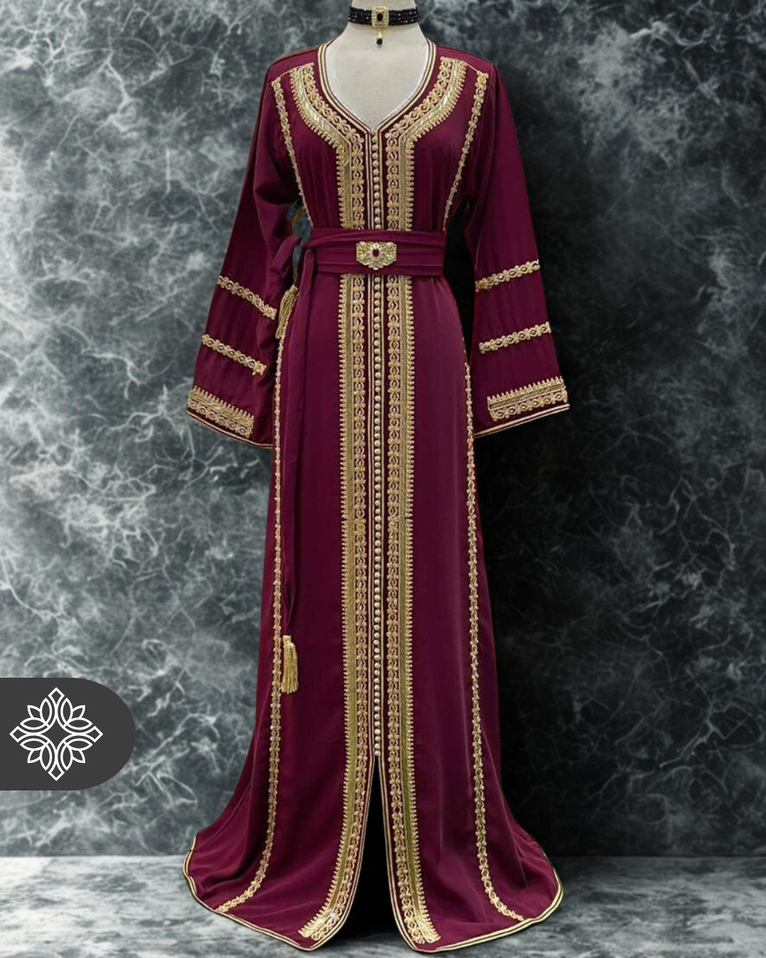 Burgundy Kaftan with Gold Embroidery