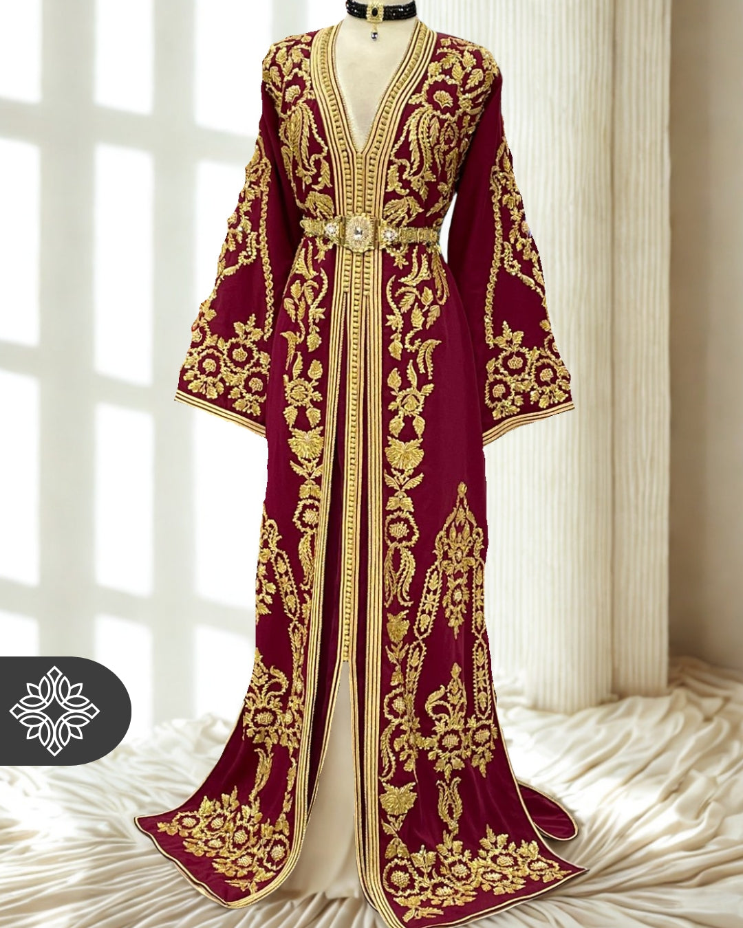 Burgundy Moroccan Kaftan with Golden Hand Embroidery