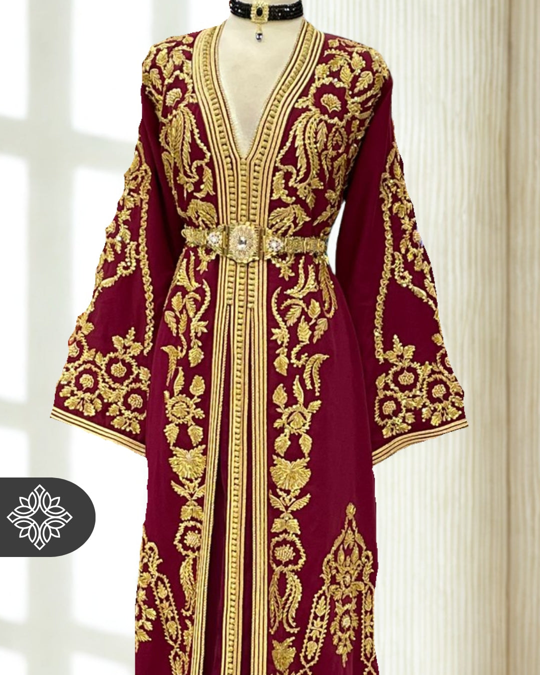 Burgundy Moroccan Kaftan with Golden Hand Embroidery