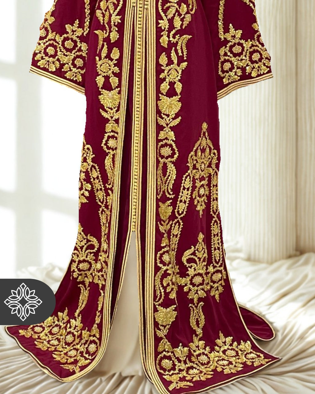 Burgundy Moroccan Kaftan with Golden Hand Embroidery