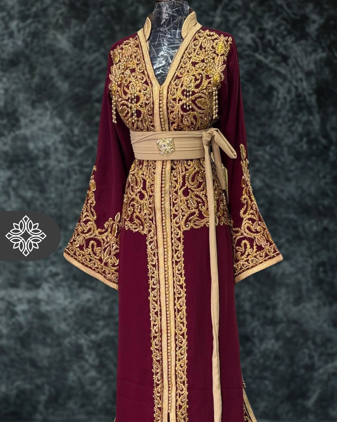 Burgundy Moroccan One-Piece Kaftan | Tonal Gold Embroidery