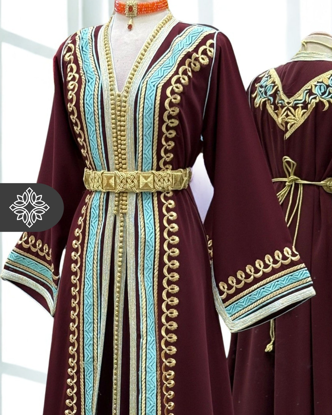 Burgundy Two Piece Moroccan Kaftan, Takshita with Sky Blue Stitching and Gold Embroidery