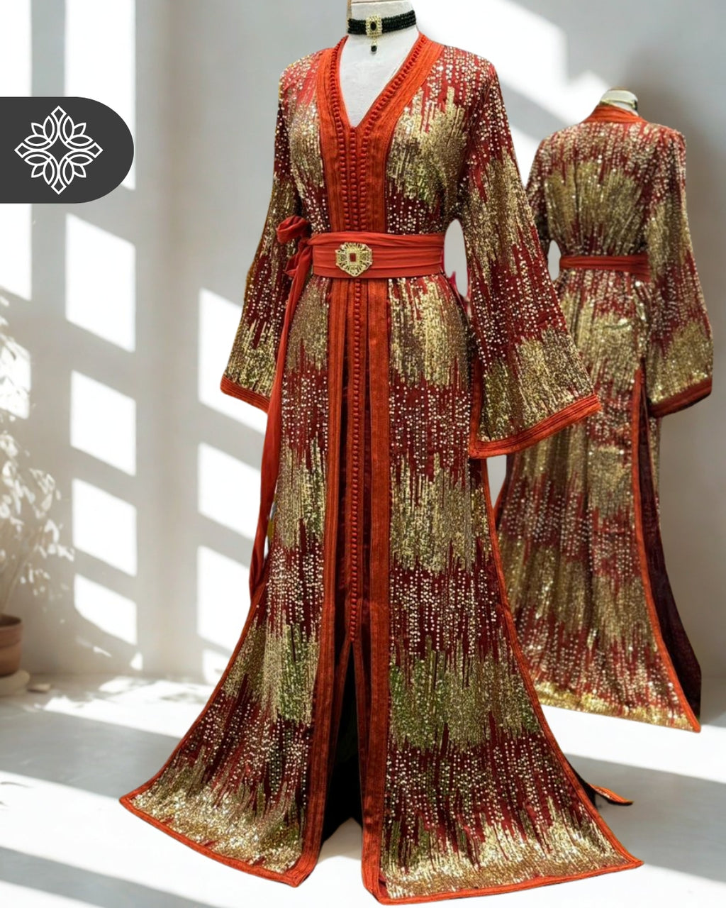 Burnt Orange Moroccan Two-Piece Kaftan | Gold Sequin Embroidery