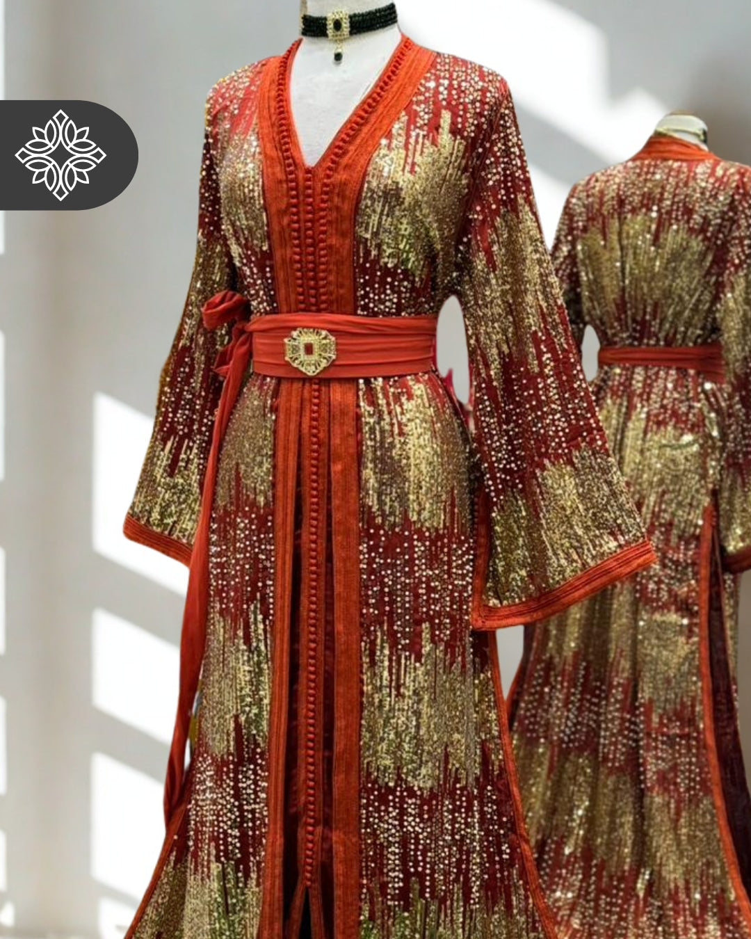 Blush Pink Moroccan Two-Piece Kaftan | Gold Sequin Embroidery