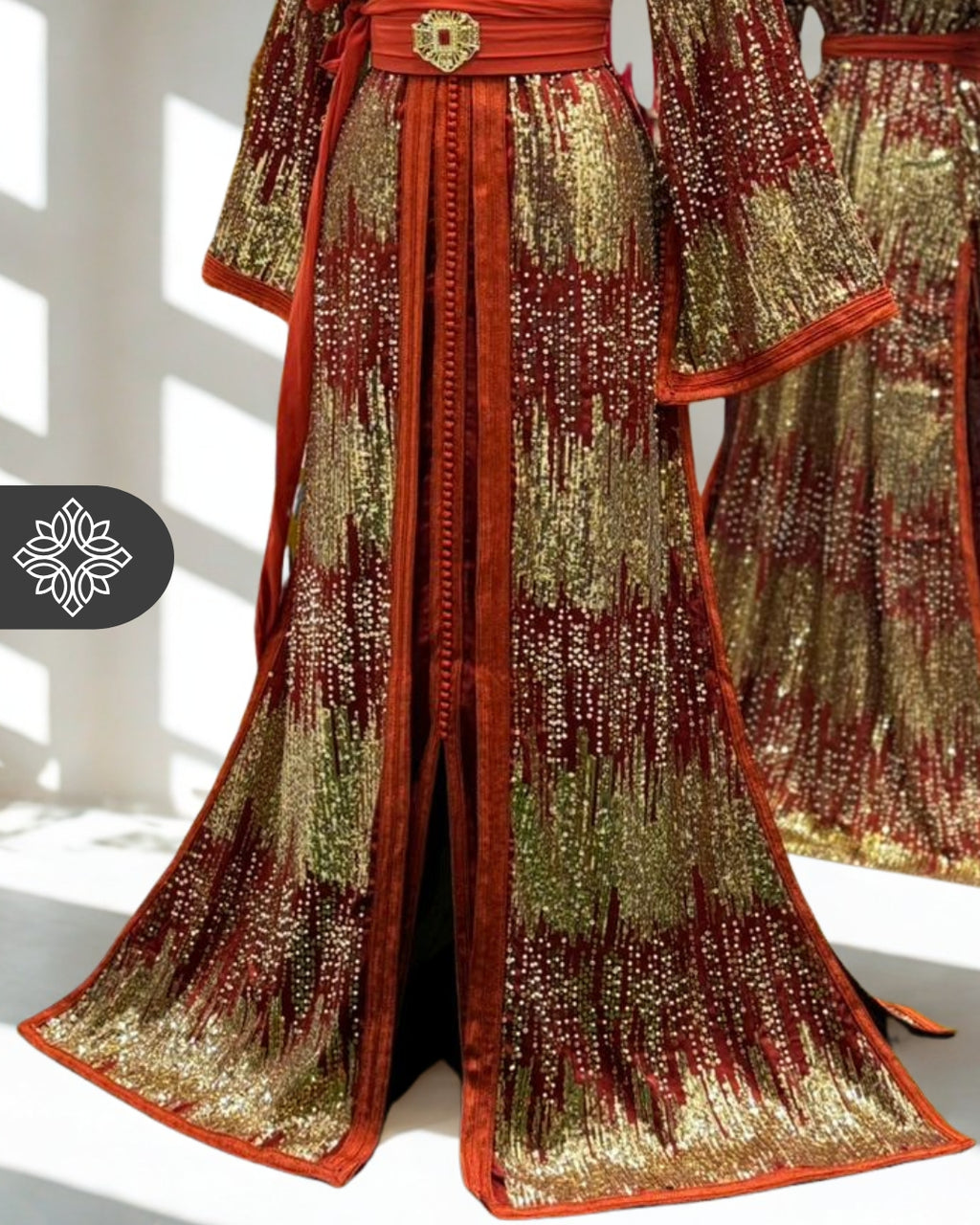 Emerald Teal Moroccan Two-Piece Kaftan | Gold Sequin Embroidery