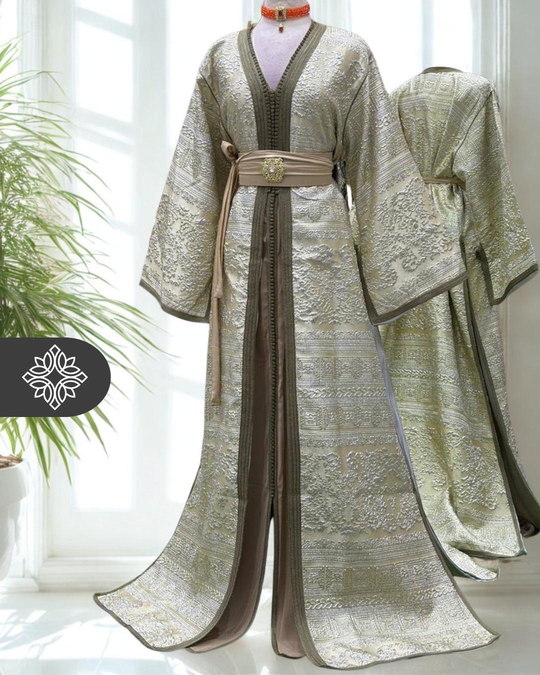 Champagne Silver Moroccan Two-Piece Kaftan | Luxe Metallic Embroidery