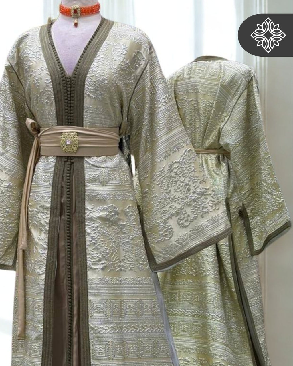 Champagne Silver Moroccan Two-Piece Kaftan | Luxe Metallic Embroidery