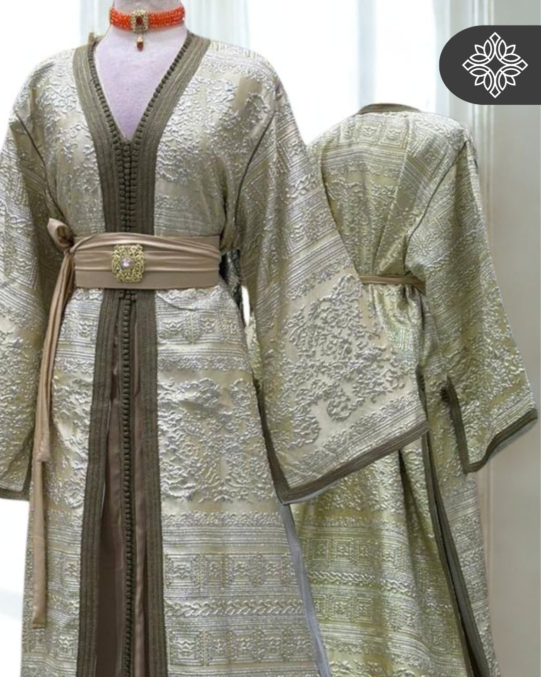 Champagne Silver Moroccan Two-Piece Kaftan | Luxe Metallic Embroidery