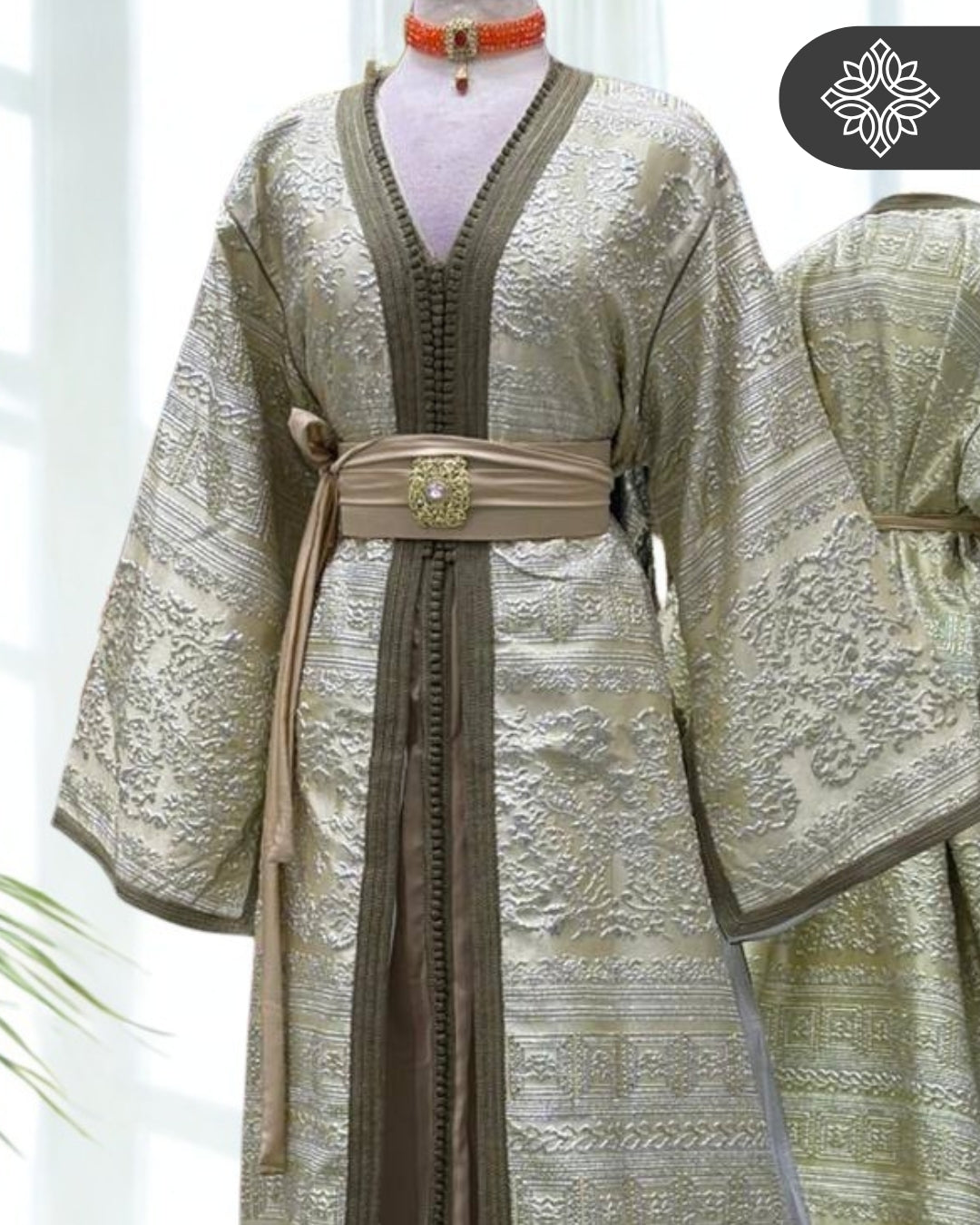 Champagne Silver Moroccan Two-Piece Kaftan | Luxe Metallic Embroidery