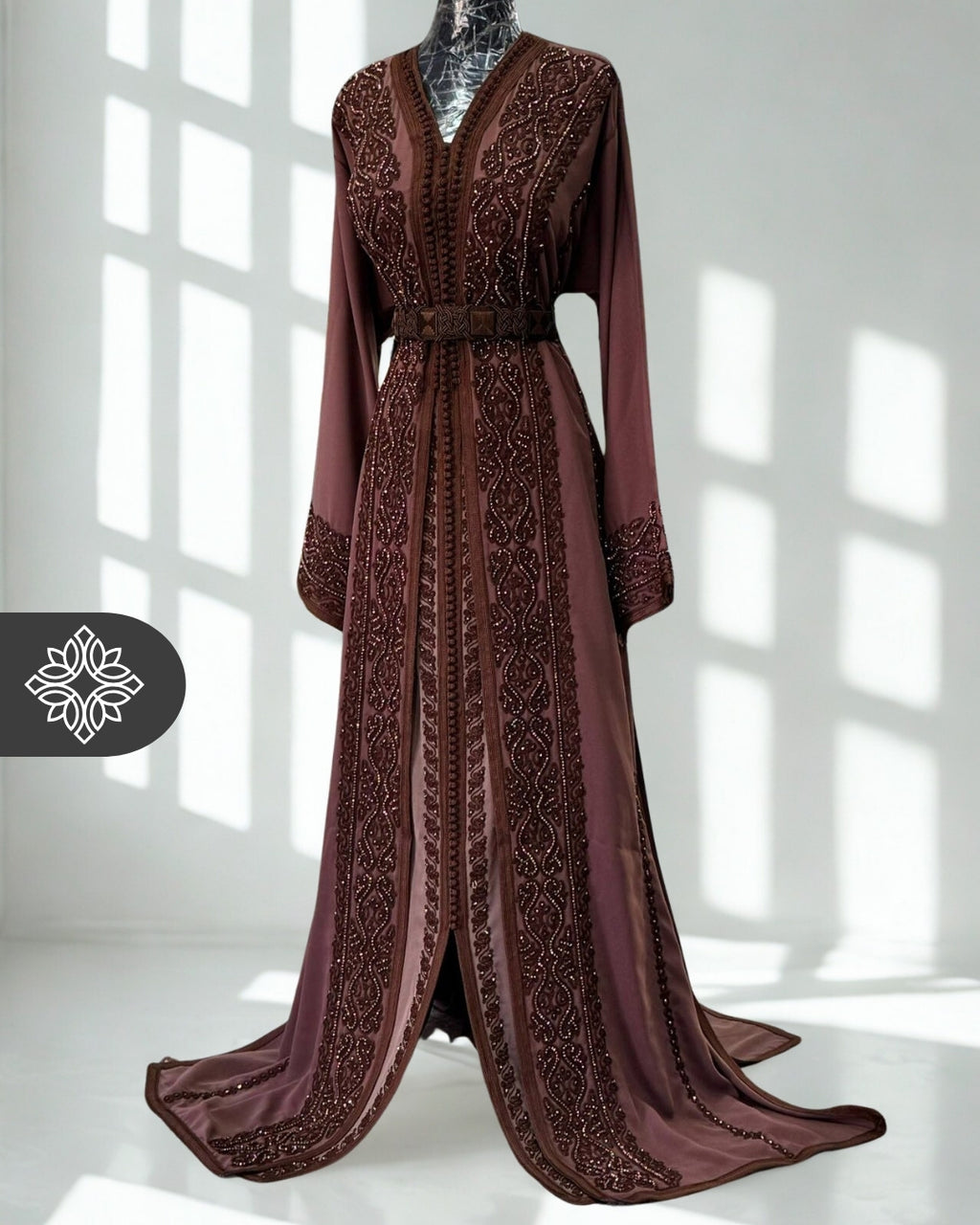 Chocolate Brown Moroccan Takchita | Luxury Couture Two-Piece Kaftan | Tonal Embroidery & Stone Detailing