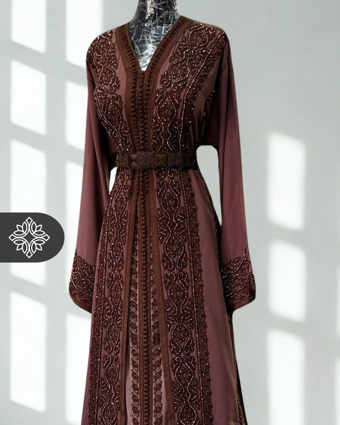 Chocolate Brown Moroccan Takchita | Luxury Couture Two-Piece Kaftan | Tonal Embroidery & Stone Detailing