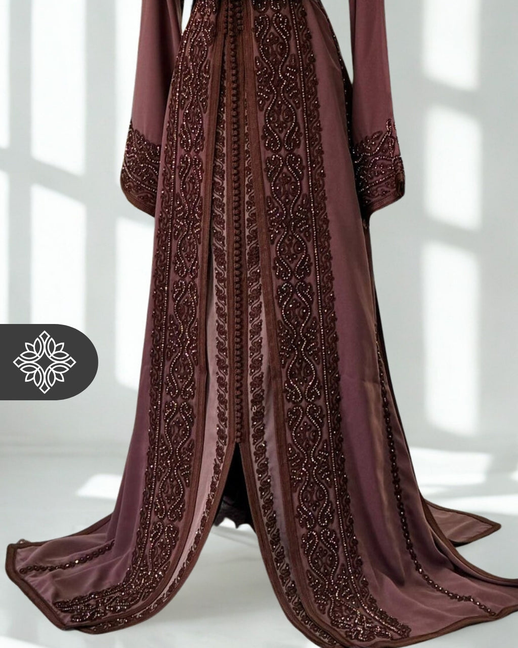 Chocolate Brown Moroccan Takchita | Luxury Couture Two-Piece Kaftan | Tonal Embroidery & Stone Detailing