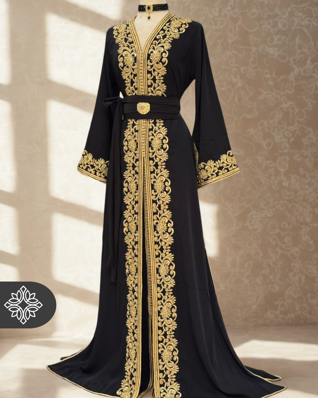 Classic Moroccan Kaftan — Midnight Black with Gold Embroidery
