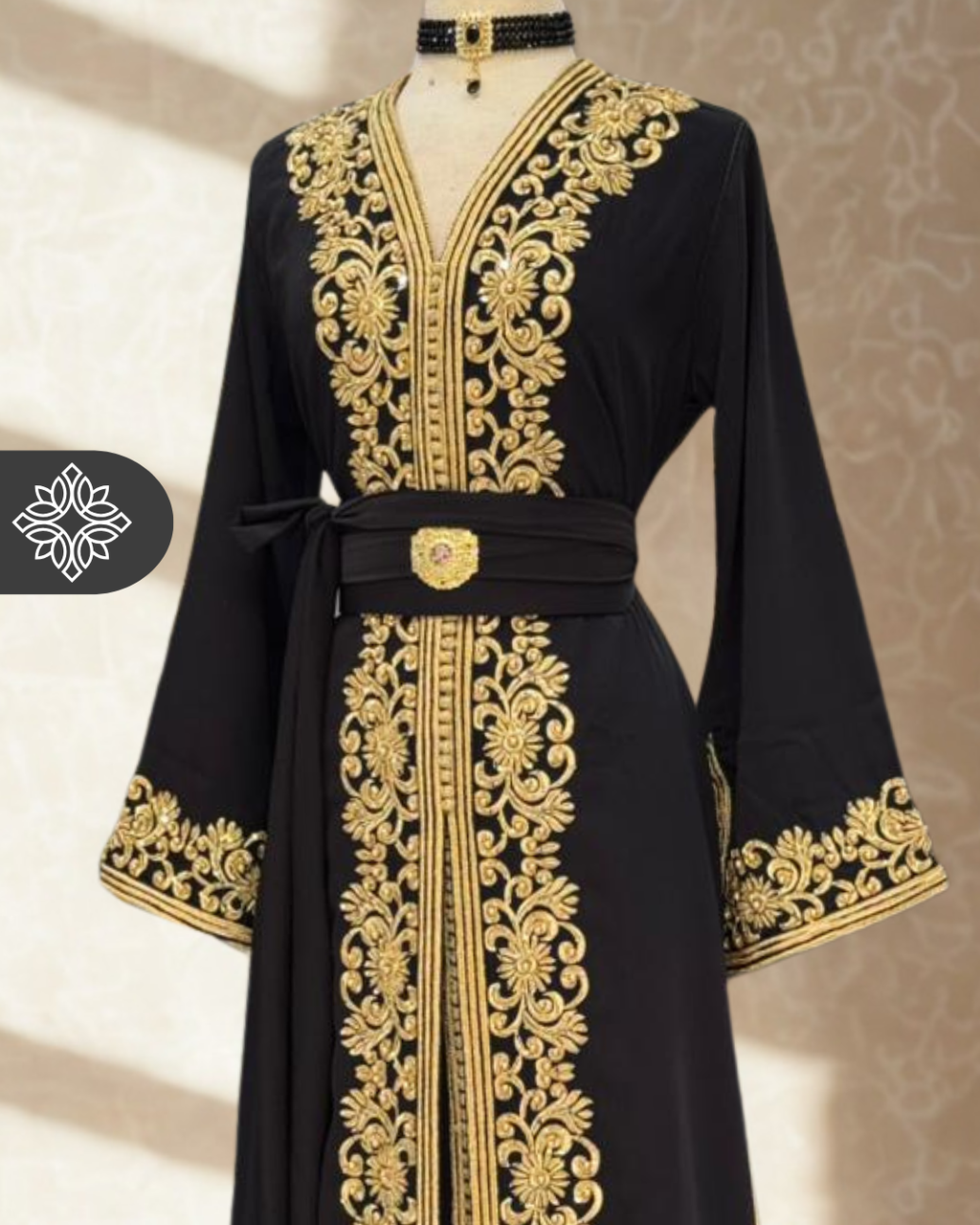Classic Moroccan Kaftan — Midnight Black with Gold Embroidery