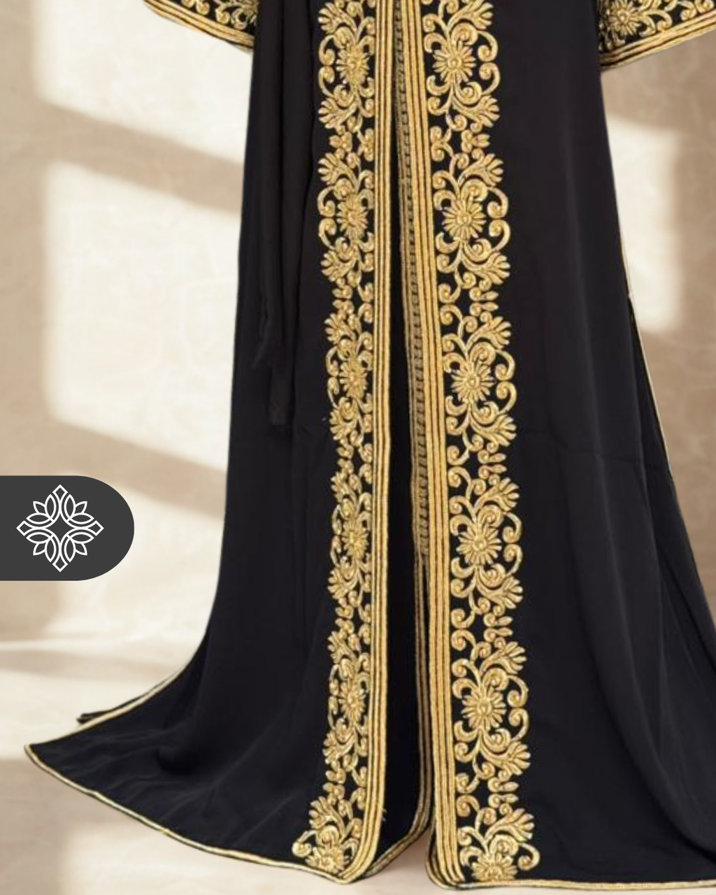 Classic Moroccan Kaftan — Midnight Black with Gold Embroidery