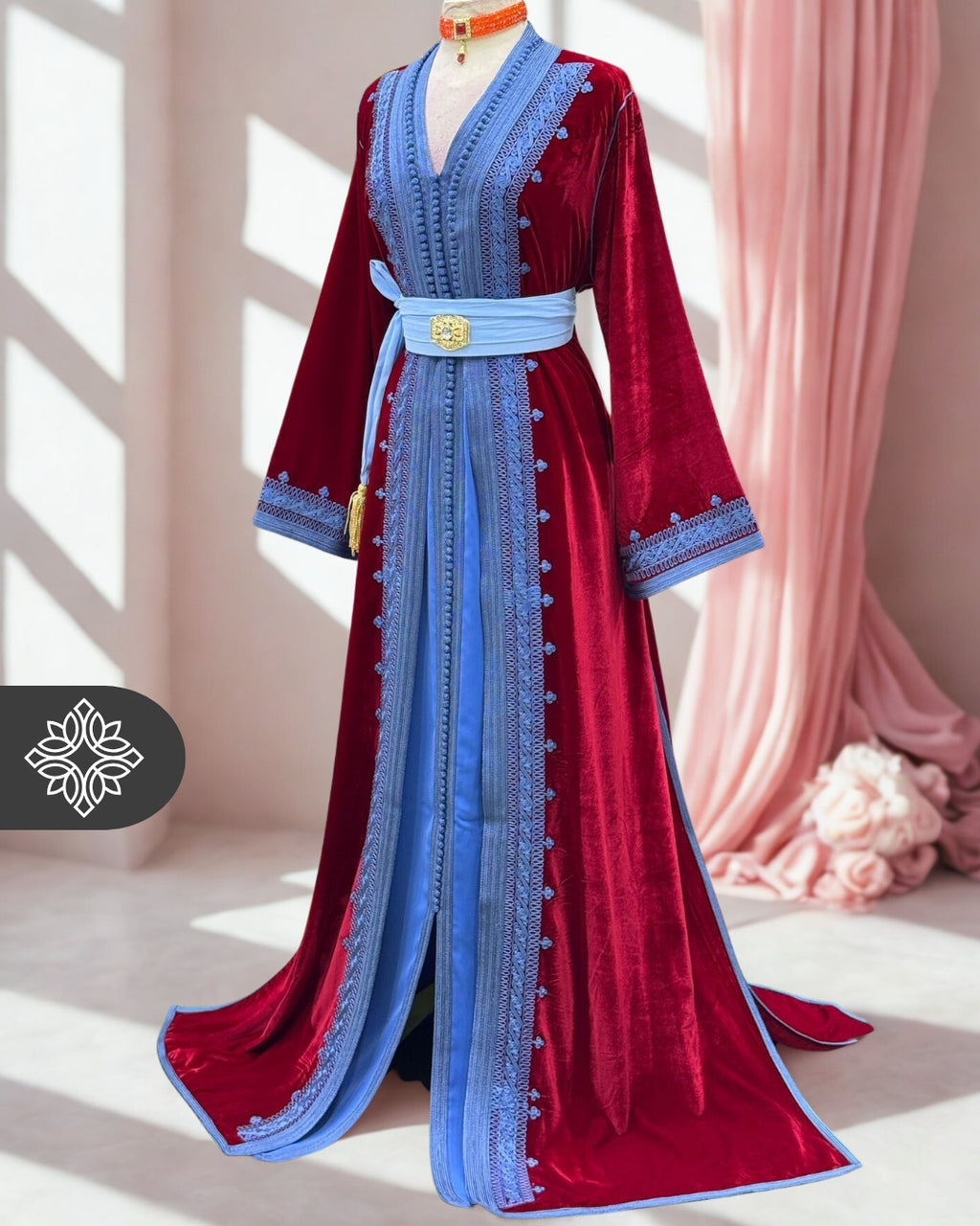 Crimson Rouge Moroccan Two-Piece Kaftan | Sky Blue Embroidered Velvet