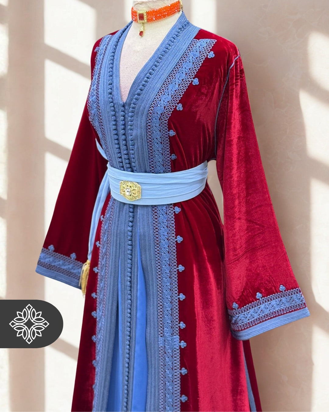 Crimson Rouge Moroccan Two-Piece Kaftan | Sky Blue Embroidered Velvet