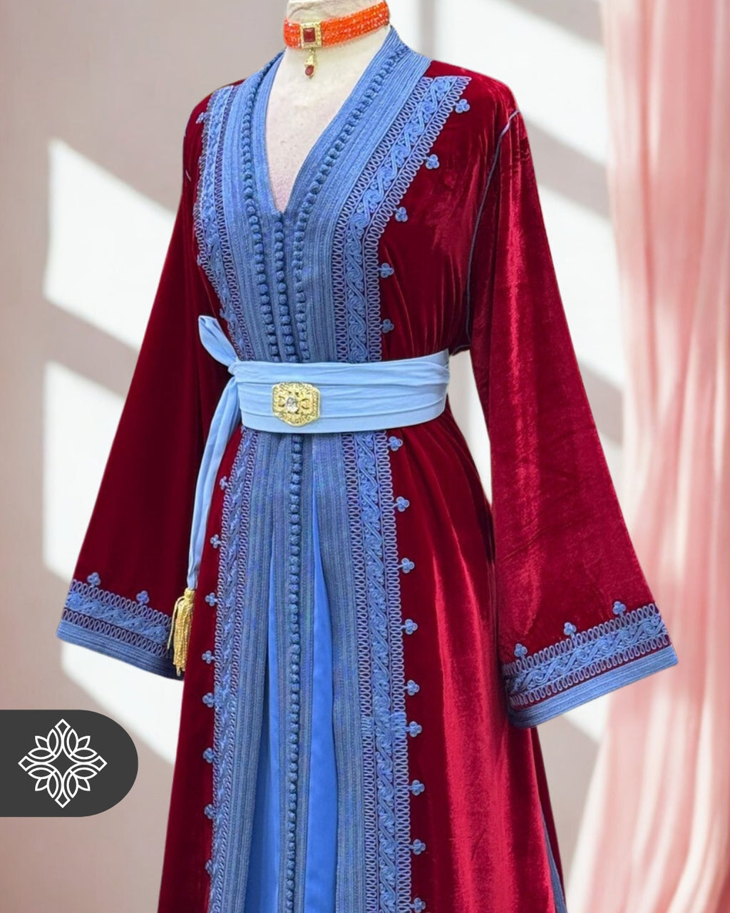 Olive Gold Moroccan Two-Piece Kaftan | Sky Blue Embroidered Velvet