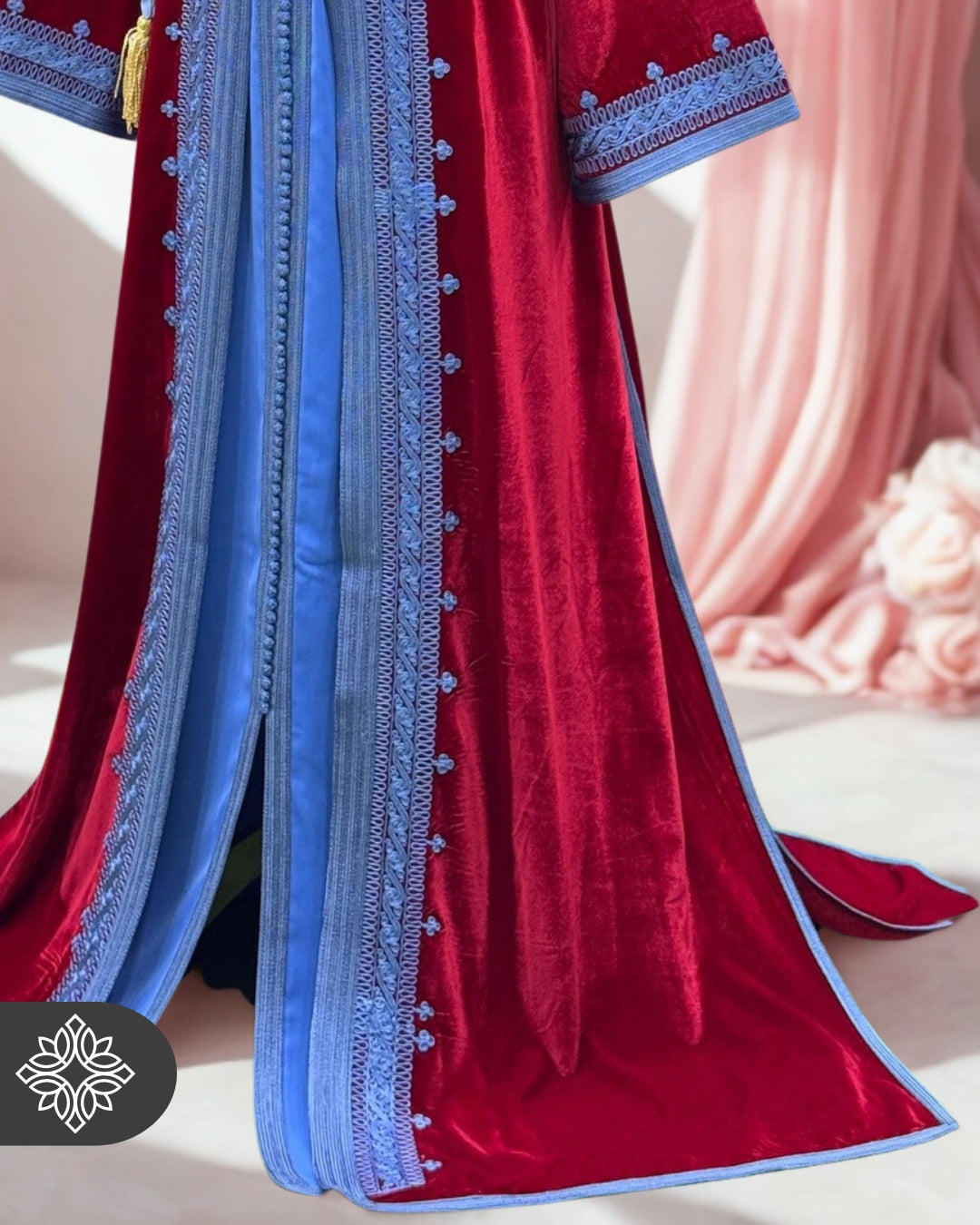 Crimson Rouge Moroccan Two-Piece Kaftan | Sky Blue Embroidered Velvet