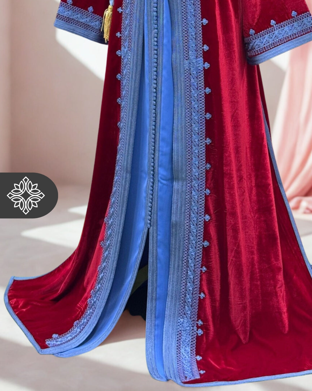 Crimson Rouge Moroccan Two-Piece Kaftan | Sky Blue Embroidered Velvet