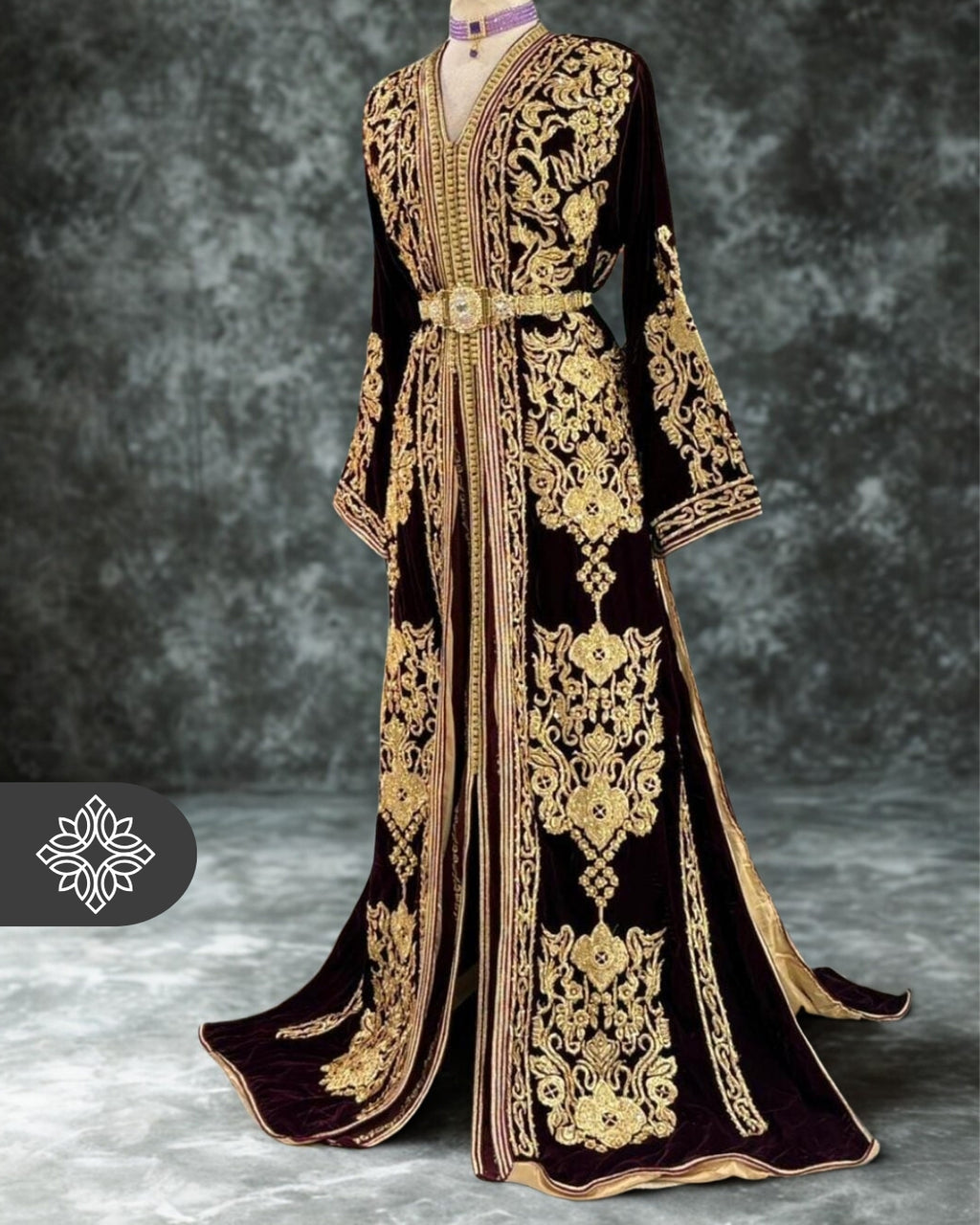 Deep Burgundy Moroccan Takchita | Luxury Two-Piece Kaftan | Golden Hand Embroidery