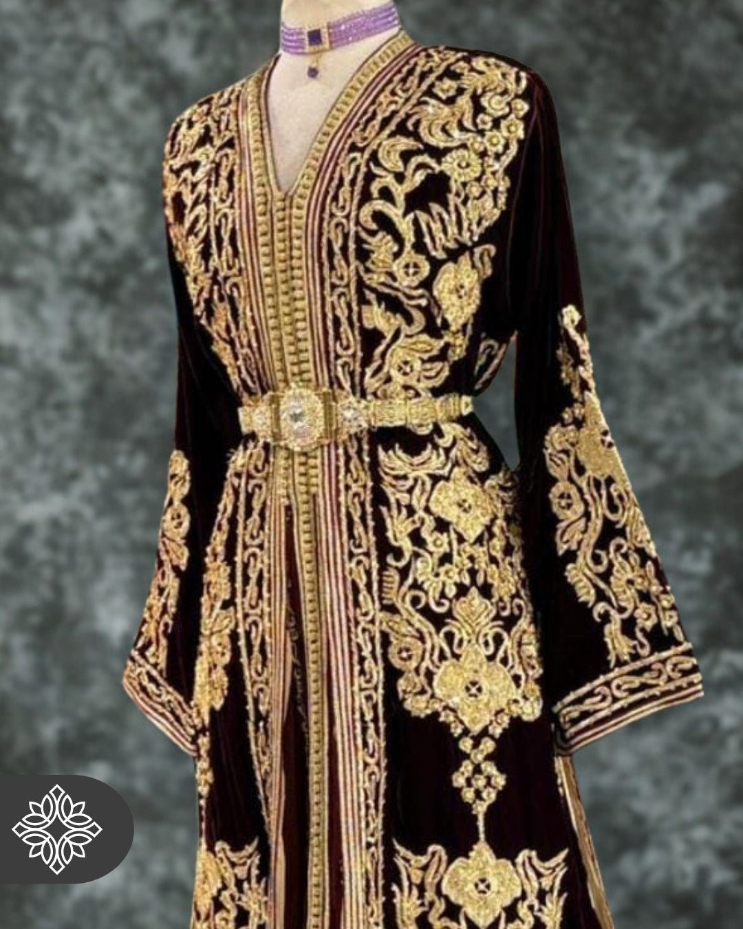 Deep Burgundy Moroccan Takchita | Luxury Two-Piece Kaftan | Golden Hand Embroidery
