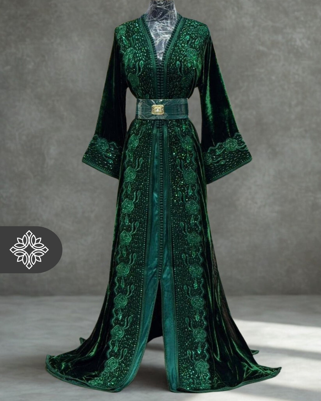Deep Emerald Green Moroccan Takchita | Luxury Couture Two-Piece Kaftan | Tonal Embroidery & Stone Detailing