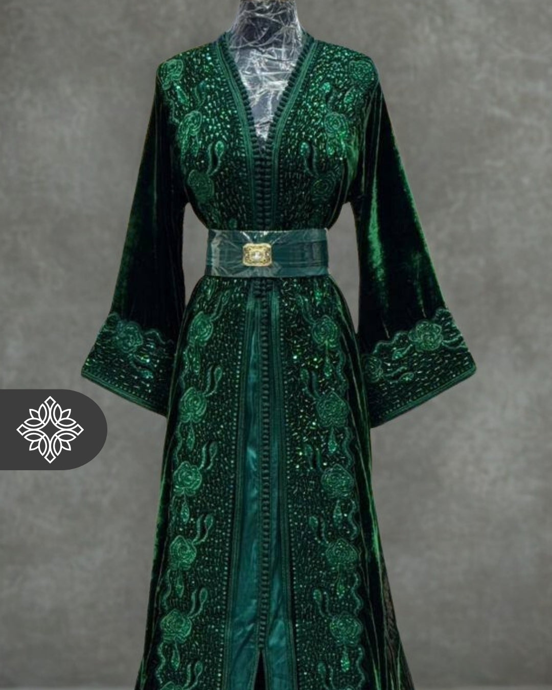 Deep Emerald Green Moroccan Takchita | Luxury Couture Two-Piece Kaftan | Tonal Embroidery & Stone Detailing