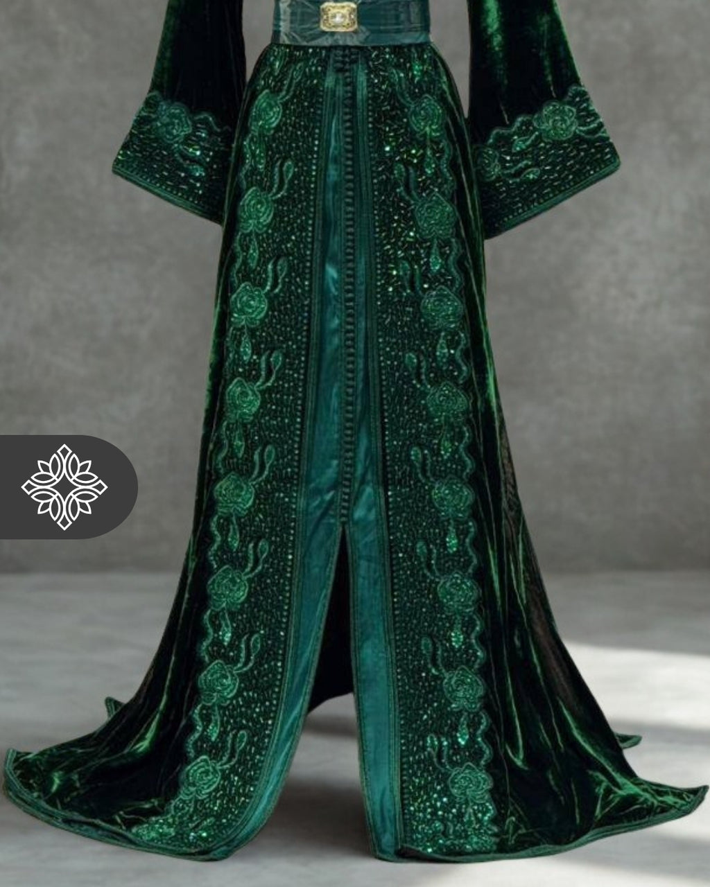 Deep Emerald Green Moroccan Takchita | Luxury Couture Two-Piece Kaftan | Tonal Embroidery & Stone Detailing