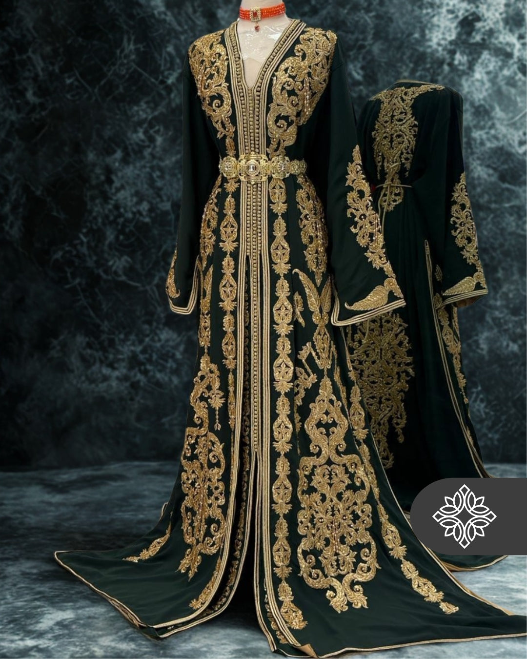 Deep Emerald Green Moroccan Takchita | Luxury Two-Piece Kaftan | Golden Heritage Embroidery