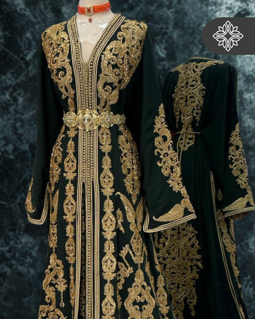 Deep Emerald Green Moroccan Takchita | Luxury Two-Piece Kaftan | Golden Heritage Embroidery