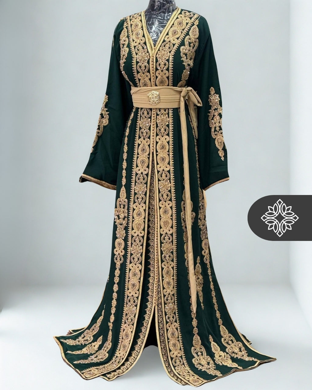 Kaftan marocain deux pièces vert émeraude profond | Broderie ton sur ton | Takchita de luxe