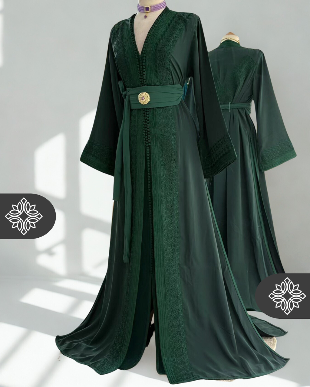 Kaftan marocain deux pièces vert émeraude | Broderie ton sur ton | Takchita de luxe