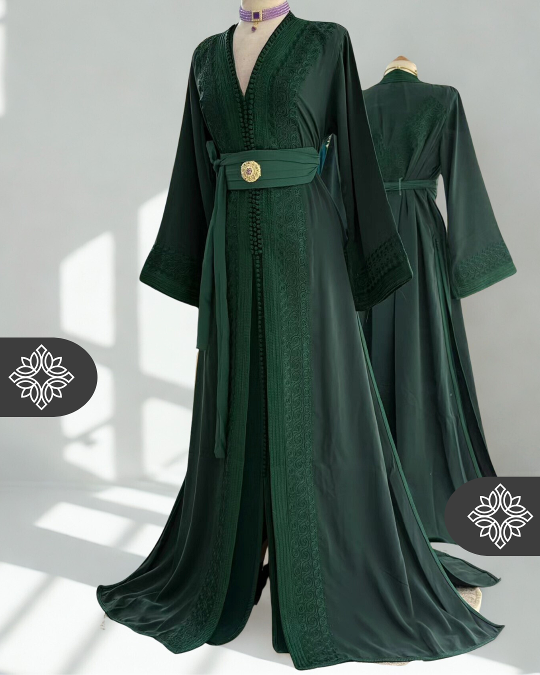 Beige Moroccan Two-Piece Kaftan | Tonal Embroidery | Refined Luxury Takchita