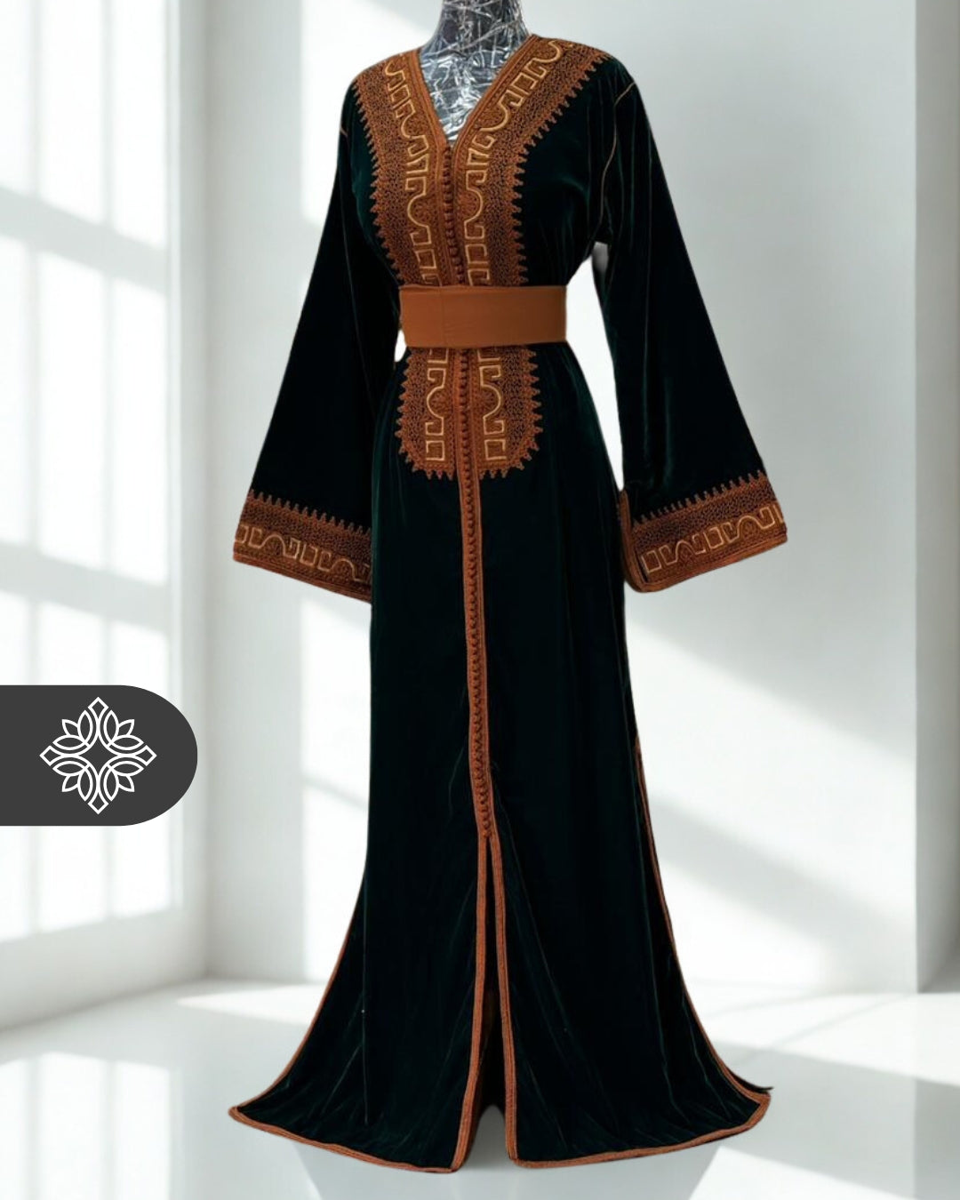 Emerald Green Velvet Moroccan Kaftan | Brown Tonal Embroidery | One-Piece Caftan