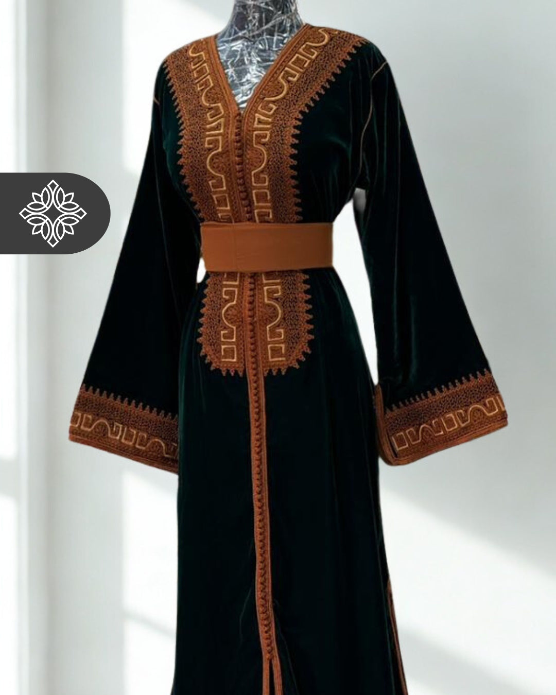 Emerald Green Velvet Moroccan Kaftan | Brown Tonal Embroidery | One-Piece Caftan