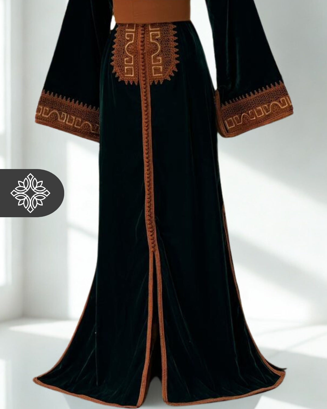 Emerald Green Velvet Moroccan Kaftan | Brown Tonal Embroidery | One-Piece Caftan