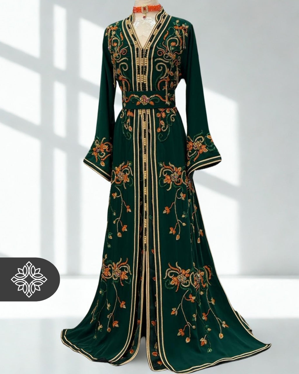 Deep Emerald Moroccan Takchita | Luxury Floral Kaftan | Golden Tonal Embroidery